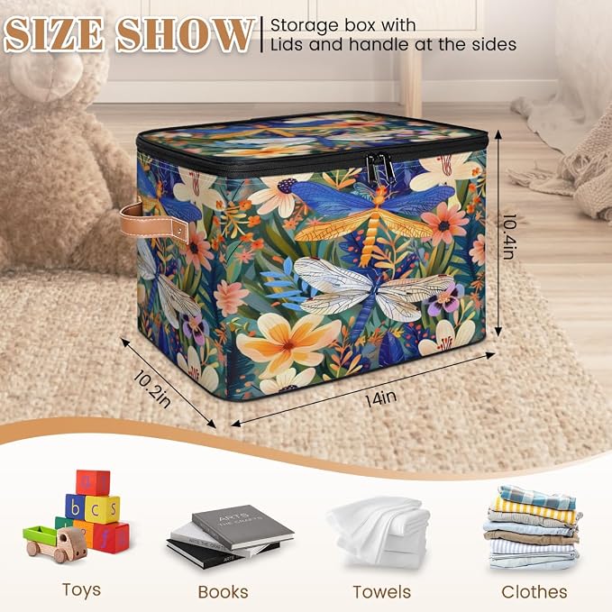 Storage Bin Dragonfly Florals Storage Baskets with Zipper Lid & Handle Foldable Closet Shelf Cloth Organizer Basket Cube Bins Clothes Organizer for Nursery, Bedroom