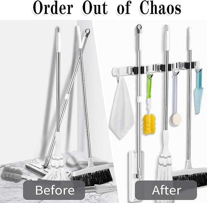 2 Pack Broom Holder Wall Mount, 3 Racks 4 Hooks Mop and Broom Organizer | Mop Holder Wall Mount and Broom Hanger for Garage, Laundry Room, Kitchen and Utility Storage