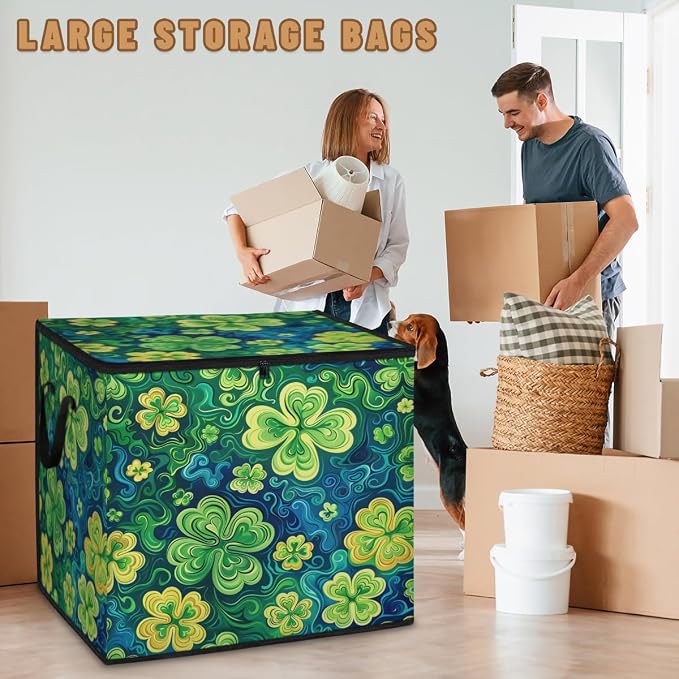 St Patricks Day Large Storage Bags, Fabric Bed Storage Containers, Foldable Closet Organizers for Blanket, Clothing, Comforter, Bedding, Lucky Clover Shamrock