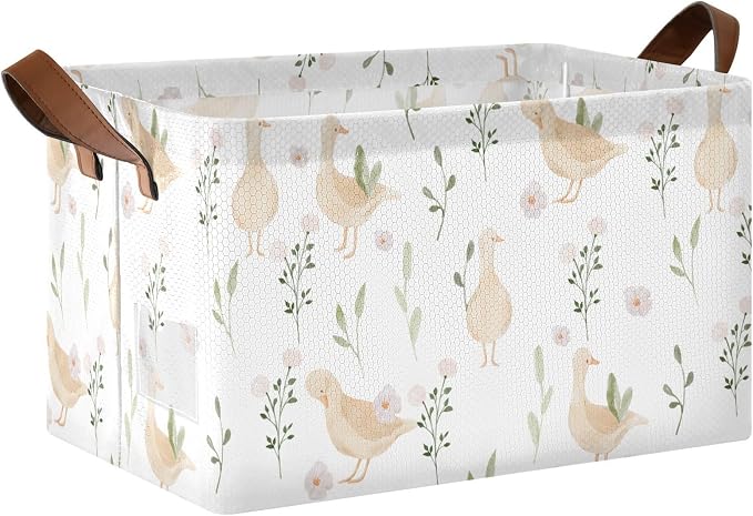 Cute Goose with Floral and Leaves Storage Basket Foldable Cube Storage Bins with Handles&Label Collapsible Organizer Box Bin Large Rectangle Decorative Baskets for Shelves Home Living Room Closet