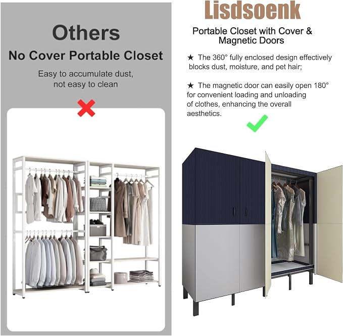 Heavy Duty Clothes Rack with Cover & Magnetic Doors, 1500lb Portable Wardrobe Closet - Foldable Garment Rack for Bedroom, Large Storage for Hanginng Dresses Jackets (Blue, 70.8IN)