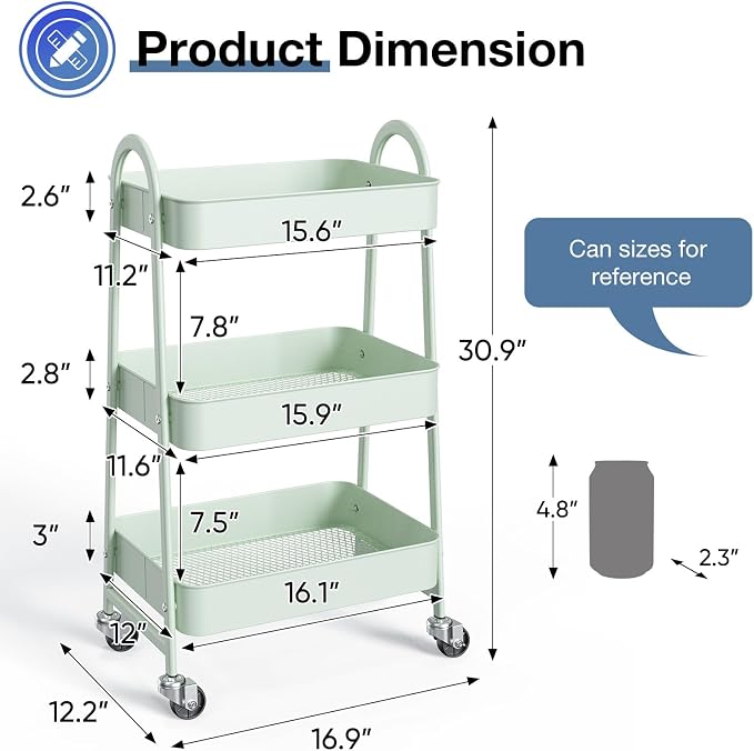 OLIXIS Metal 3 Tiers Rolling Storage Utility Cart with Lockable Wheels | Mobile Organizer Shelf, Space-Saving, Freestanding, Bathroom, Living Room, Slim, Narrow Corner Spaces, Pale Green