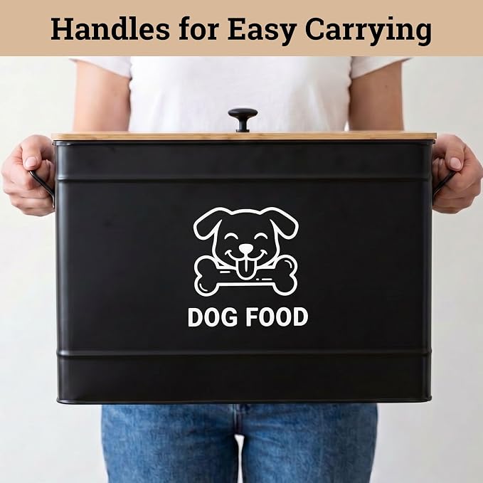 Metal Dog Food Container 15-20 lbs w/ Airtight Bamboo Lid, 70 Cup Capacity | Pet Jar For Dogs up to 100lbs, Airtight Bamboo Lid, Sturdy Comfortable Metal Handle, Powder Coated Iron, Kibble Storage Bin
