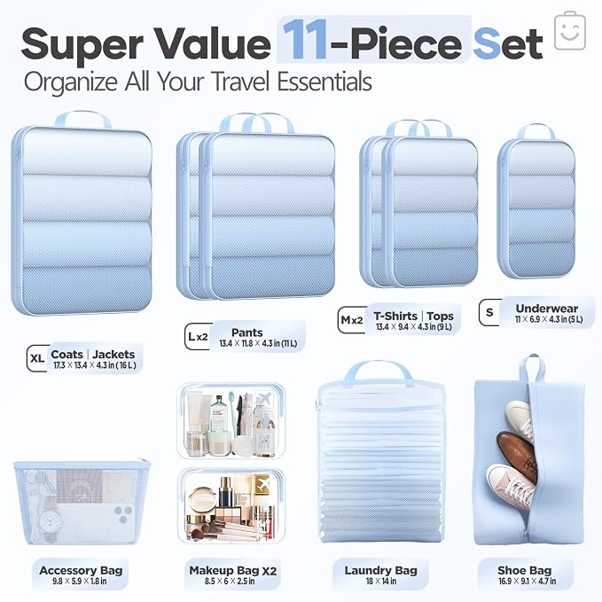 Veken 11 Set Compression Packing Cubes Garment Bags for Travel Essentials,Compressible Expandable Luggage Organizer Bags for Clothing,Space Saver Bags with Over 1000 pcs of Mesh Holes(Light Blue)