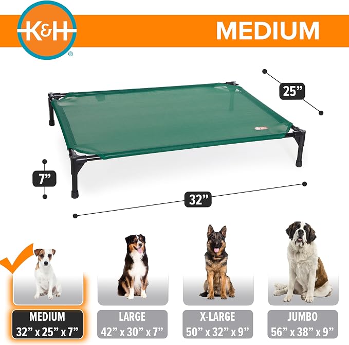 K&H Outdoor Elevated Dog Bed, Cooling Raised Dog Bed, Medium 32x25in, Green | Pet Cot for Small & Medium Pets, Breathable Mesh 360 Hammock Design, Indoor/Outdoor Washable Cover, Portable Metal Frame