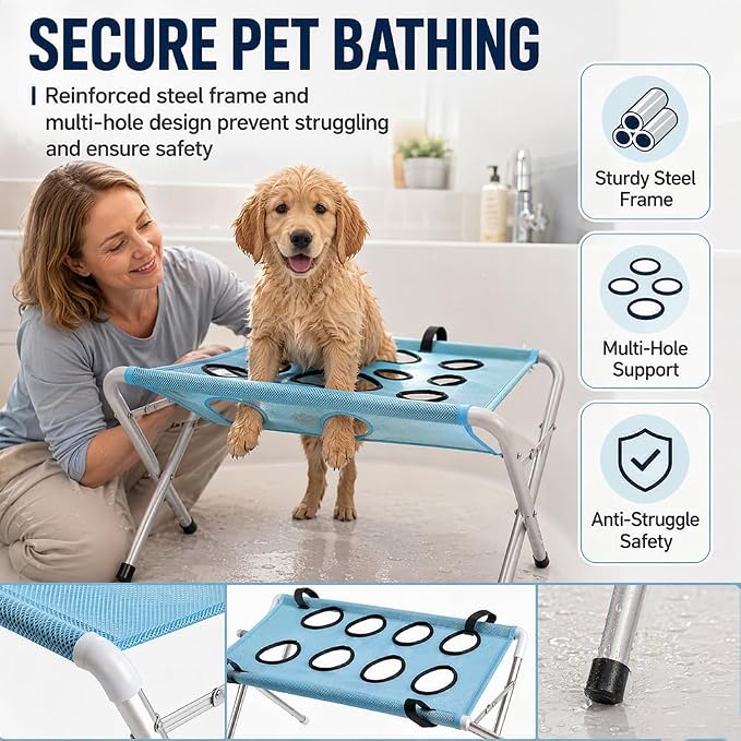 Dog Grooming Hammock, 2-in-1 Foldable Pet Bathing Bed with Stand，Blue | Pet Grooming Hammock, Dog Bath & Paw Wash Sling for Small Large Dogs, Nail Trimming, Shower Hammock, Foldable Stand