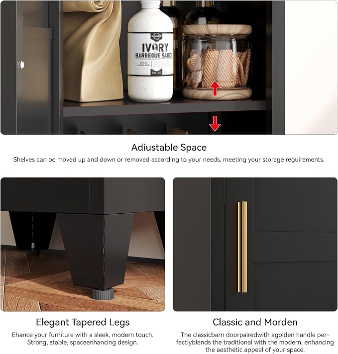 YAUWOH White Narrow Metal Storage Cabinet, Tall Freestanding Cabinet with 4 Adjustable Shelves & Barn Doors, Pantry Organizer for Bathroom Kitchen Home Office Dining Room（1PC,Black）