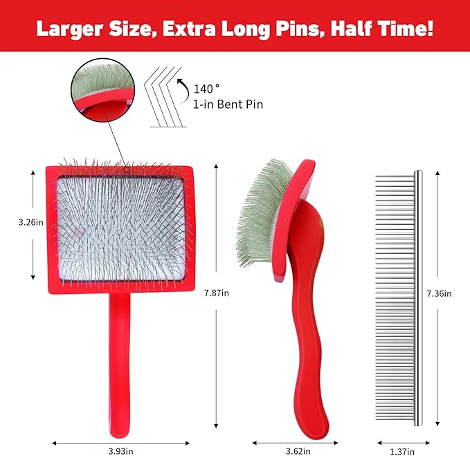 Dog Slicker Brush for Goldendoodles, Poodles & Long Haired Dogs - Long Pin Doodle Brush & Pet Comb Kit Removes Tangles Loose & Knots, Professional Grooming Tools with Wooden Handle, Red