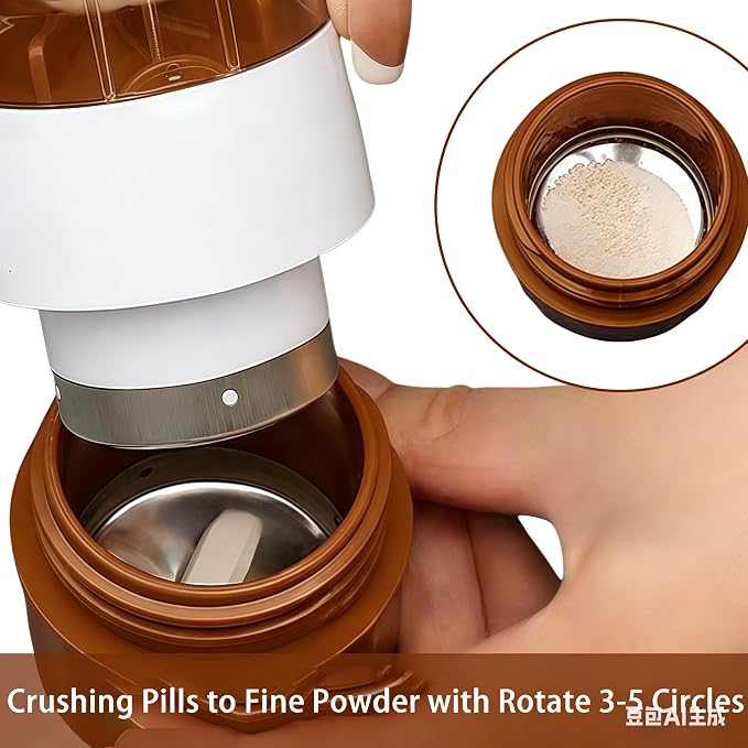 3-in-1 Pill Crusher and Cutter with Storage, BPA-Free Pill Grinder for Fine Powder, Stainless Steel Blade & Grinding Head, Portable Pill Splitter for Elderly, Pets, Travel (Brown)