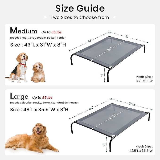 Love's cabin Elevated Cooling Dog Bed for Medium Dogs, Portable Indoor & Outdoor Raised Pet Dog Cat Cot, Durable Summer Frame with Breathable Mesh, Grey, 43" x 31.5" x 8"