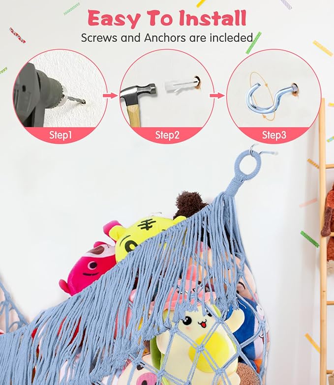 Stuffed Animal Hammock - Extra Large 63'' Long (Light blue) | Premium Cotton Hand-knitted, Beautiful Long Tassel, Storage Hanging Organizer, Can Fit Stuffed Animals 40 Piece or More