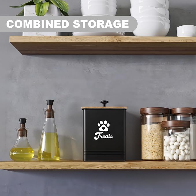 Dog Treat Container Airtight, 5.7" W x 6.7" H Iron Pet Treat Jar with Bamboo Lid, 12 Cup Food Storage Canister for Kitchen Counter, Decorative Pet Cookie Jar for Dog Snacks Kibble,Black