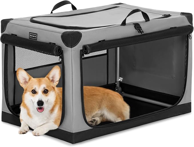 PETSFIT 30" Soft Portable Dog Crate – Patented Spiral Sturdy Frame, Collapsible Travel Kennel for Medium Dogs, 3 Mesh Door, Lockable Zippers, Indoor & Car Use Gray
