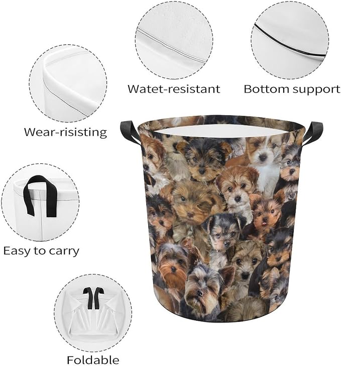 Large Laundry Hamper for Yorkie Lover, Waterproof Laundry Basket with Handle, Cute Pet Yorkie Dog Print Collapsible Clothes Storage Organization for Bathroom Bedroom Laundryroom