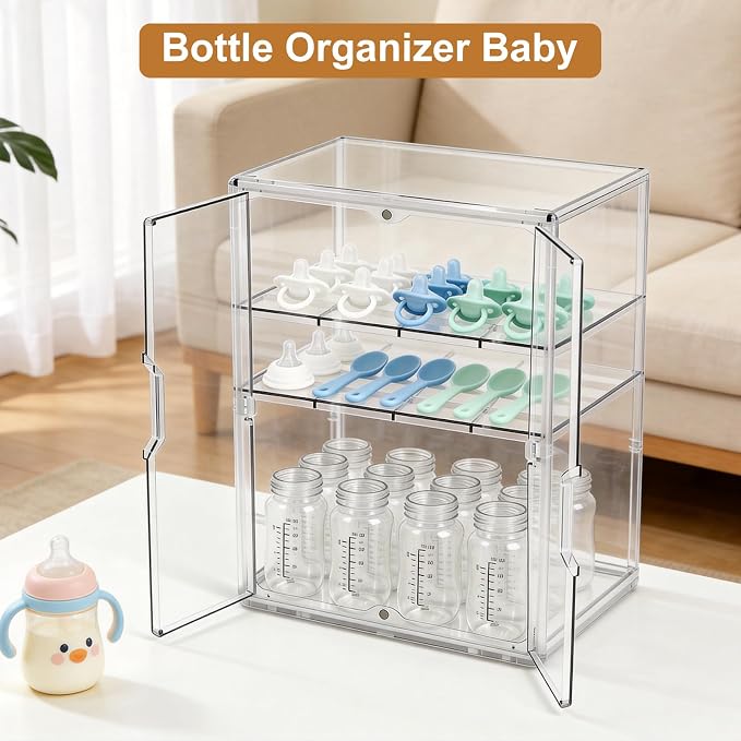 ERTIUANIO Baby Bottle Organizer for Countertop Cabinet Storage | 3 Tier Adjustable Clear Acrylic Station Container with 2 Removable Dividers for Vanity, Bathroom, Nursery, Gifts for New Mom