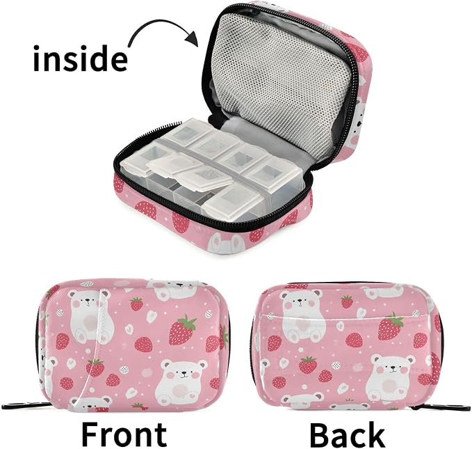 Fustylead Cute Cartoon White Bear and Strawberry Pill Organizer for Purse, Weekly Portable Pill Box with Zipper to Storage Vitamins Fish Oils Medications Supplements