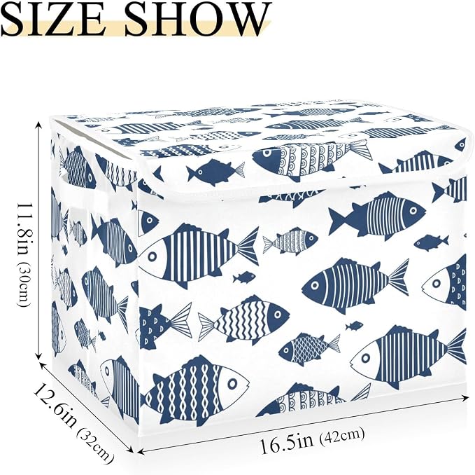 Fish Fabric Storage Bins 40L Basket Cube with Cover for Home Bedroom Closet | Decorative Storage Boxes, Dust-Proof Flip Top, Reinforced Handles, For Home & Bedroom, Clothes & Toy Box, Oxford Fabric Print