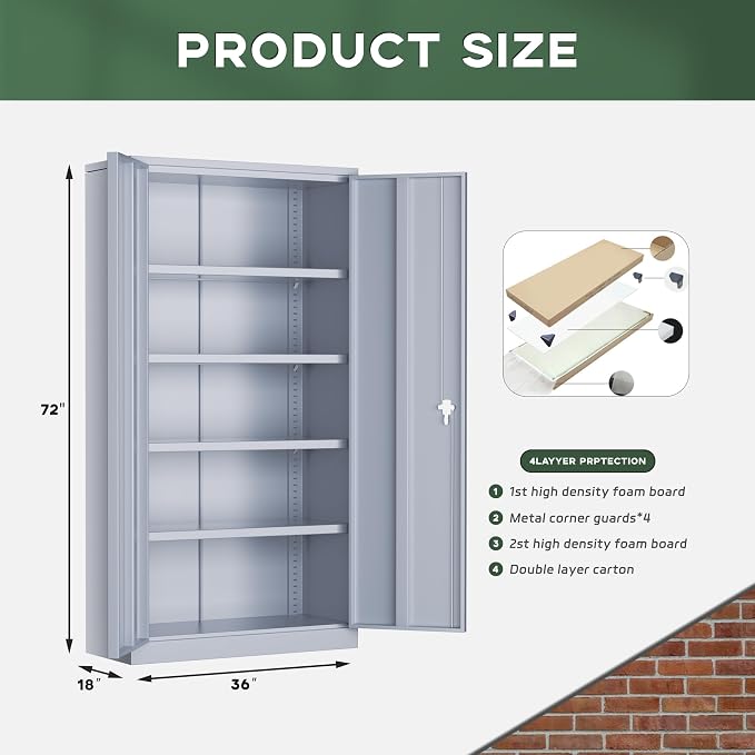Greenvelly Metal Storage Cabinet, 72" Lockable Metal Garage Storage Cabinet with Doors and 4 Adjustable Shelves, Locking Steel Cabinet for Home Office, Garage, Shop, School (Dark Grey 36" W x 18" D)