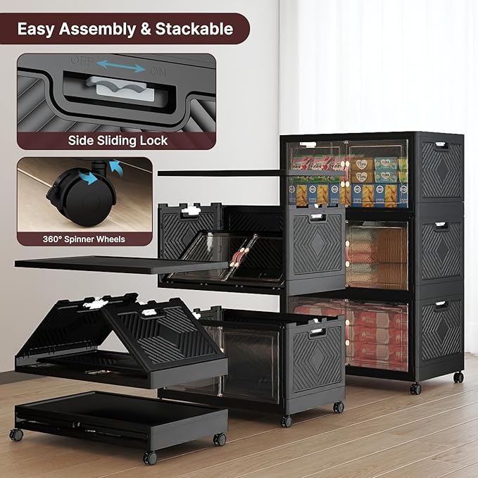 Stackable Storage Bins with Lids, 360QT Lockable Storage Cabinet | Folding Storage Box with Doors and Wheels, Collapsible Plastic Drawers for Home, Garage, Office