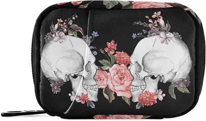 Watercolor Rose Skull Pill Box 7 Day Pill Case Travel Pill Organizer Bag with Zipper Portable Weekly Case Compact Size for Vitamin Supplement Holder