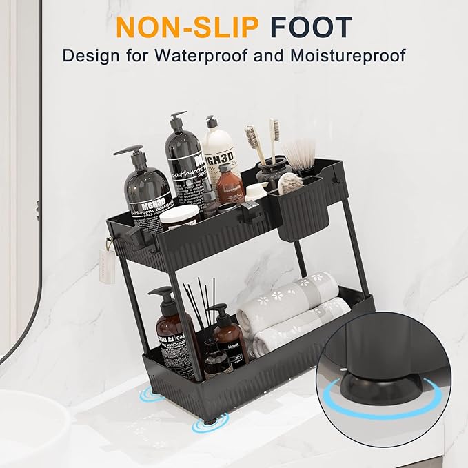 2-Pack Under Sink Organizer with Hooks & Hanging Cup for Kitchen | Multi-use kitchen & bathroom storage, 12.8 inch black cabinet organizer, with hooks and hanging cup for easy access.
