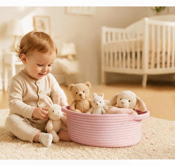 Pink Basket for Gifts Empty, 13"x9"x5" Small Woven Cotton Rope Baskets for Storage, Empty Gift Basket for Birthday, Easter, Christmas, Valentines, Cute Baby Nursery Organizer, Pink Room Decor
