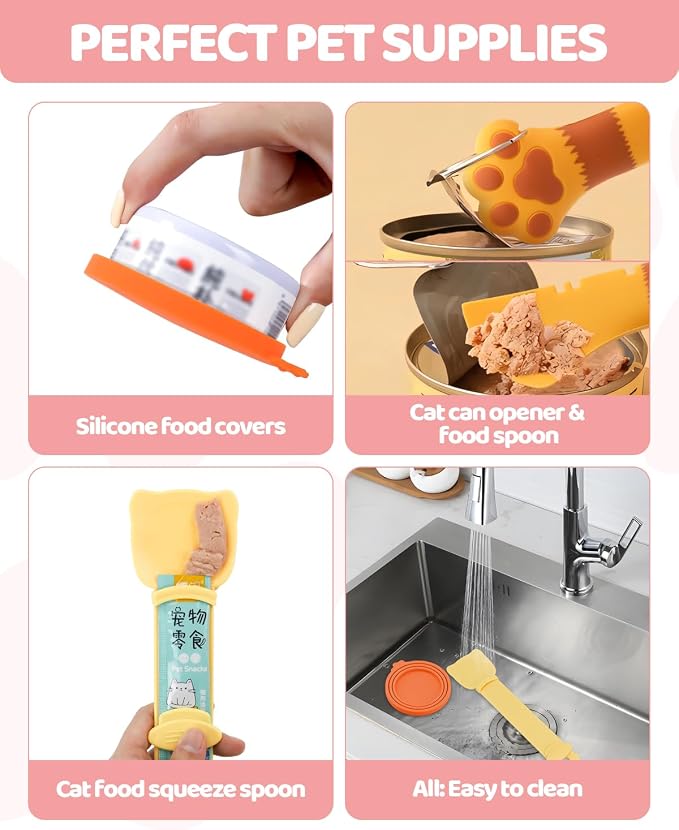 5 PCS Cat Food Can Covers Lids Set, Silicone Pet Food Can Lids with Multi-Function Cat Food Spoon and Opener, Cat Bar Squeezer, Stainless Steel Wet Food Spoon for Cats and Dogs (Pink) (Orange)