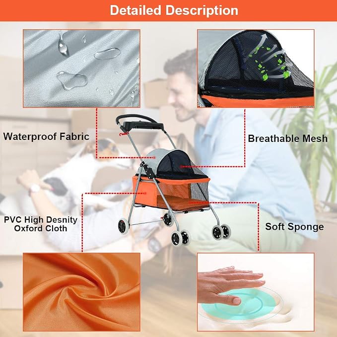 HGS Pet Cat Dog Stroller 4 Wheels Jogger Puppy Travel Carrier Portable Doggie Cage Strolling Cart with Cup Holders, 35Lbs Capacity Folding Waterproof Strolling Cart for Medium Dogs Cats Pet, Orange
