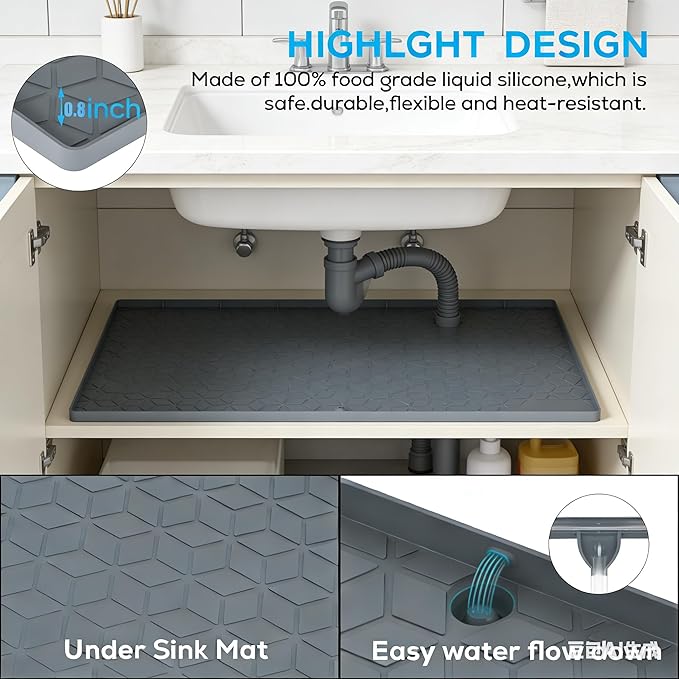 Under Sink Mat 10"x16" Under Sink Mats for Kitchen, Silicone Waterproof Under Sink Liner, Sink Cabinet Organizer Tray with Drain Hole