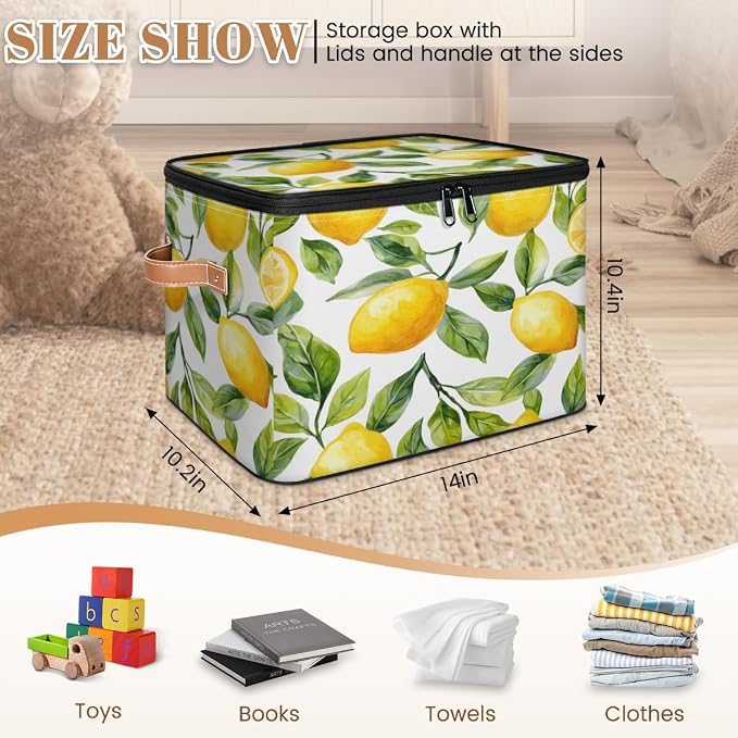 Pardick Storage Bin Fruit Lemon Storage Baskets with Zipper Lid & Handle Foldable Closet Shelf Cloth Organizer Basket Cube Bins Clothes Organizer for Nursery, Bedroom