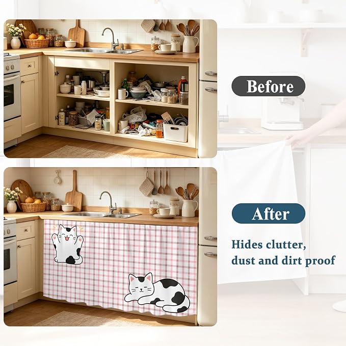 Cute Cat Oven Skirt Curtain for Kitchen Decor 28"x35", Pink Brown Checked Modern Pet Cats Rustic Self Adhesive Stove Curtains Skirt Cabinet Curtains for Bathroom Laundry Room
