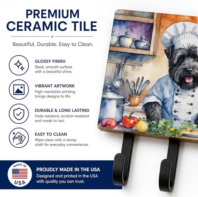Caroline's Treasures Bouvier des Flandres The Chef Leash or Key Holder Wall Hooks, Key Hooks Holder, Coat Rack Wall Mount, Coat Hooks, Hooks for Hanging Keys, Towels, Aprons, Leashes | Bouvier des Flandres The Chef artwork on ceramic tile with three st...