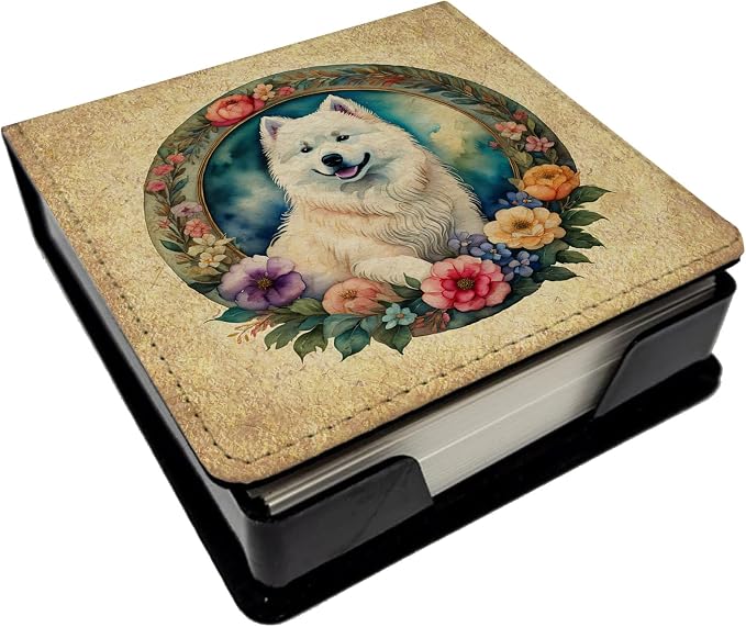 Caroline's Treasures Samoyed and Flowers PU Leather Note Paper Holder with Artist-Designed Cover, Desk Accessory, Office Gift
