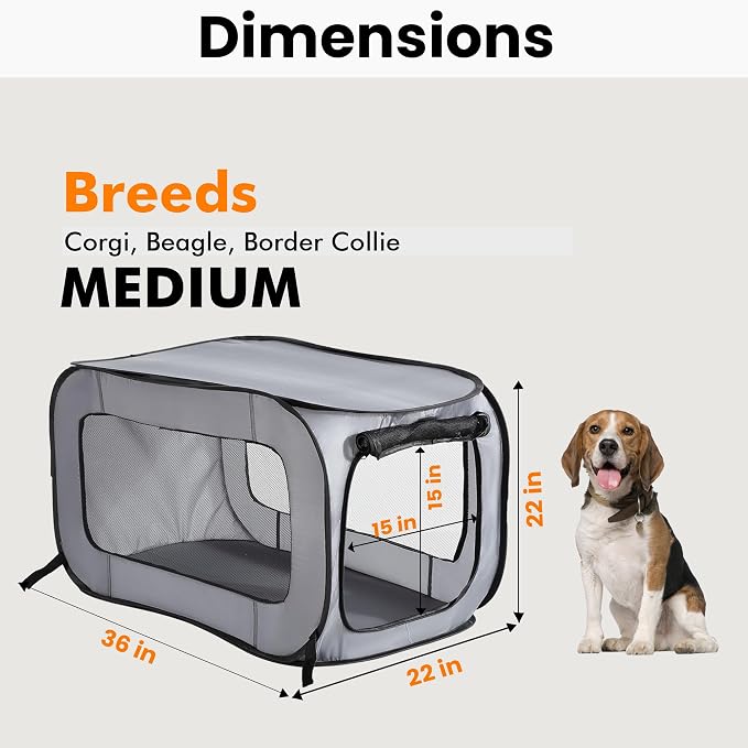 Portable Collapsible Pop Up Kennel, 36" L x 22" W x 22" H, Gray | Collapsible indoor/outdoor travel cat and dog crate with mesh screen windows pops up and folds flat for easy storage