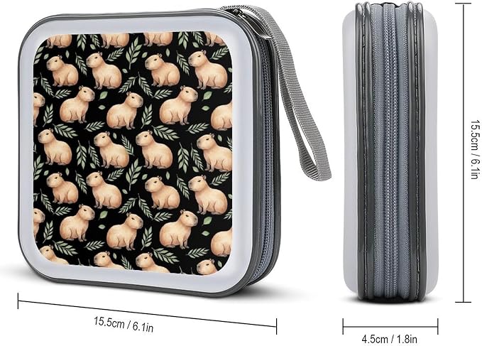 40 Capacity CD DVD Case Wallet Capybara Lovers CD Holder Storage | Capybara Lovers Hard Shell Sturdy Disc Storage Organizer Binder, Zipper Closure, Hand Strap
