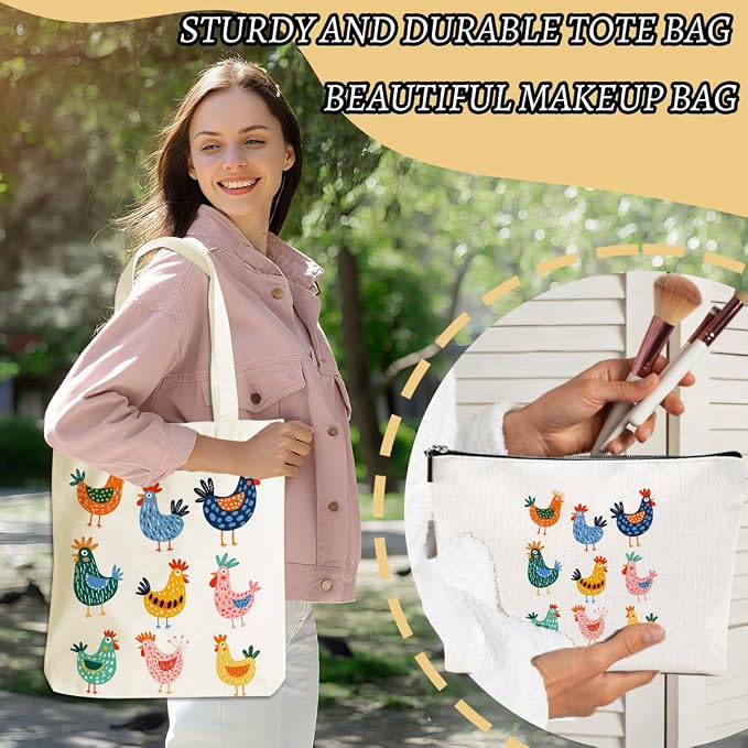 Colorful Aesthetic Cute Chicks Chicken Gifts for Women Girls Sister Chicken Lovers Mom Makeup Bag Cosmetic Bags Canvas Tote Bag, Reusable Grocery Bags with Inner Birthday Christmas Graduation