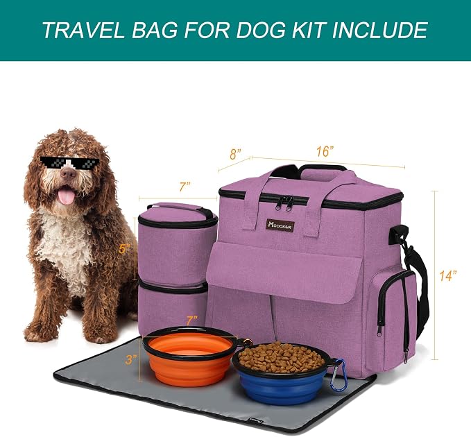 Modoker Weekend Dog Travel Bag Set with 2 Food Bags, 2 Bowls and Mat,Pink | Dog Travel Accessories Organizer for Camping and Road Trips with Roomy Storage, Multiple Pockets and Water-Resistant Oxford