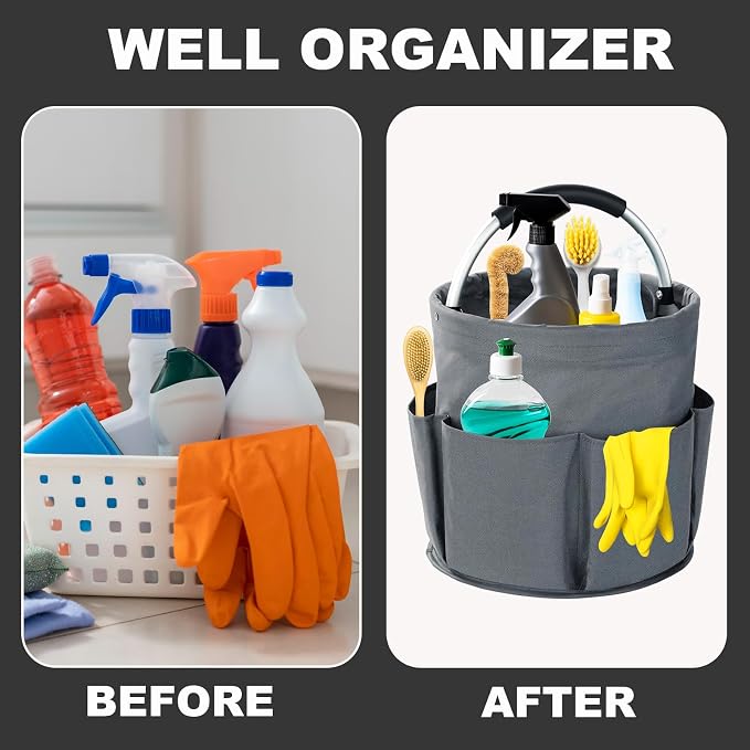 Cleaning Caddy with Handle, 17L Foldable Cleaning Supplies Organizer, Portable Storage Basket, Cleaning Supply Caddy, Multifunctional Cleaning Bucket Bag for Garden, Home, Kitchen (Grey)