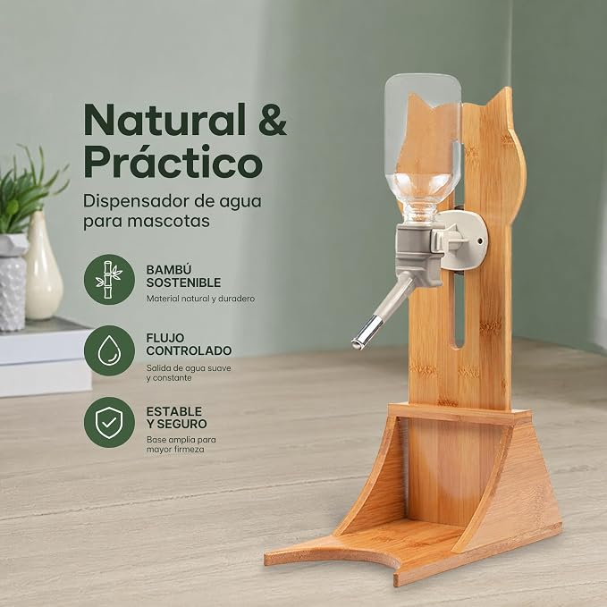 Bamboo Pet Water Bottle Stand, Adjustable Hanging Dog Cat Dispenser