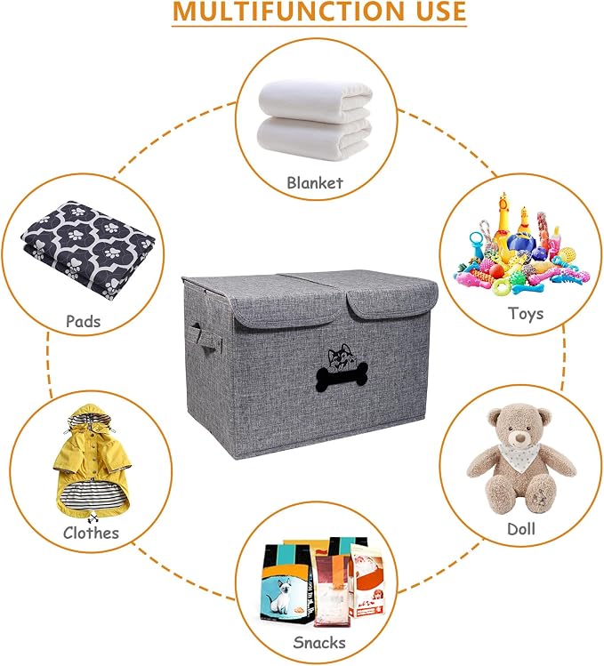 Large Dog Toy Bin-Pet Toys Storage Box-Fabric Storage Bin with Lid-Collapsible Dog Toy Organizer,Dog Toy Basket -Chew Proof Dog Bin-Can be Personalized-Gray