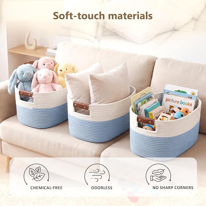 ECDYQXVU 15x10x9 Woven Cotton Rope Storage Basket, Leather Handles 2 Pack | Foldable Design, Sturdy PU Handles, Easy to Clean Organizer for Living Room, Closet, Shelves, Bedroom, Laundry, Clothes