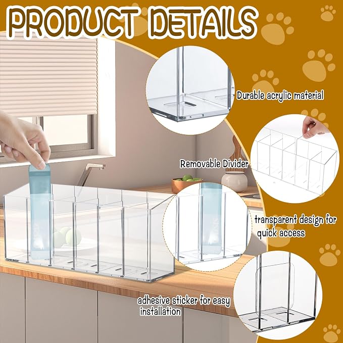 2 Pack Lickable Cat Treats Organizer, Wall Mount Acrylic Squeeze Up Cat Food Storage Container with Adhesive Stickers Lickable Wet Cat Treats Storage Holder for Kitchen Cabinet Pantry Shelf