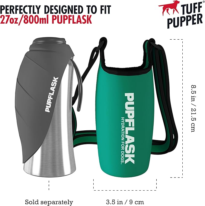 Tuff Pupper PupFlask Insulated Neoprene Dog Water Bottle Holder Sling with Wide Adjustable Shoulder Strap, Great for Travel, Walking, Hiking, Portable Pet Water Bottle Holder (27 OZ, Quetzal Green)