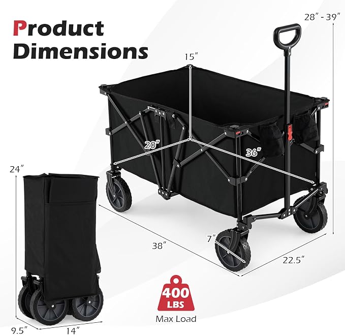 Goplus 38" Collapsible Wagon Cart, 400 LBS Heavy-Duty Foldable Beach Wagon with All-Terrain Wheels & 2 Cup Holders, 180 L Portable Utility Cart with Adjustable Handle for Camping, Shopping