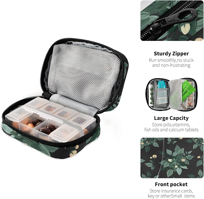 Flowers and Leaves Pill Box 7 Day Pill Case Travel Pill Organizer Bag with Zipper Portable Weekly Case Compact Size for Vitamin Supplement Holder