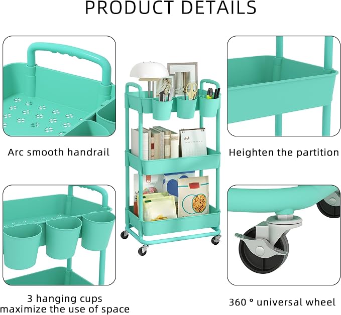 3-Tier Plastic Rolling Storage Cart Utility Cart Green | Utility Cart with Extra Hanging Cups Arc-Shaped Handles Lockable Wheels for Living Room Bathroom Kitchen Office