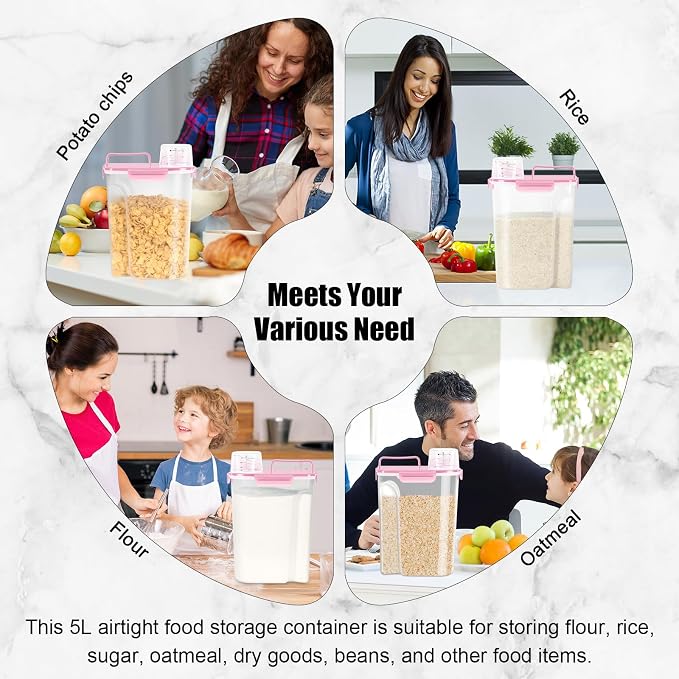 LEAWALK Airtight 10LBS Rice/Cereal/Dry Food Storage Container BPA Free, 5.28Qt Clear Plastic Kitchen and Pantry Organization Bin Suitable for Oats, Flour, Sugar, Pasta, Pet Food, etc (Rose Pink)