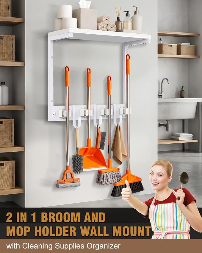 Supforce Small Broom Holder Wall Mount with Shelf, 4 Slots 3 Hooks | White, 2-In-1 Wall Mount Stores Brooms/Mops, Cleaning Supplies With 4 Grippers/3 Hooks And A Sturdy Wooden Top Shelf