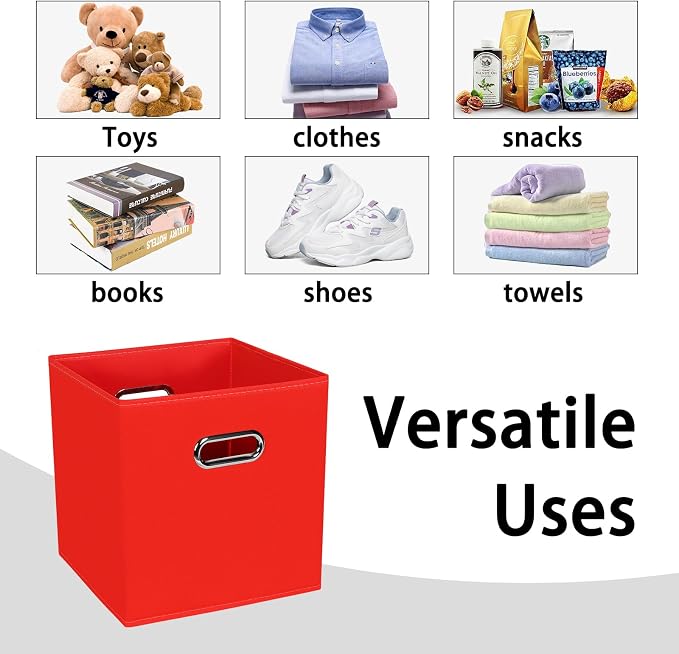 Black Foldable Storage Cubes Bins , Fabric Storage Box Cubes Organizer Baskets with Dual Handles for Home Organizer (Red)