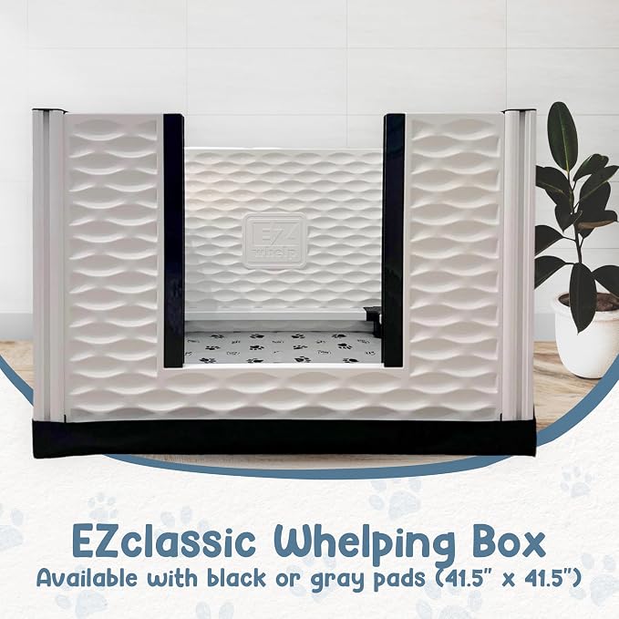 EZclassic Dog Whelping Box with Rails, Padded, Small 28" x 28" | Whelping box with gray washable pad, internal puppy safety rails and windowed walls for a comfortable, safe birthing area